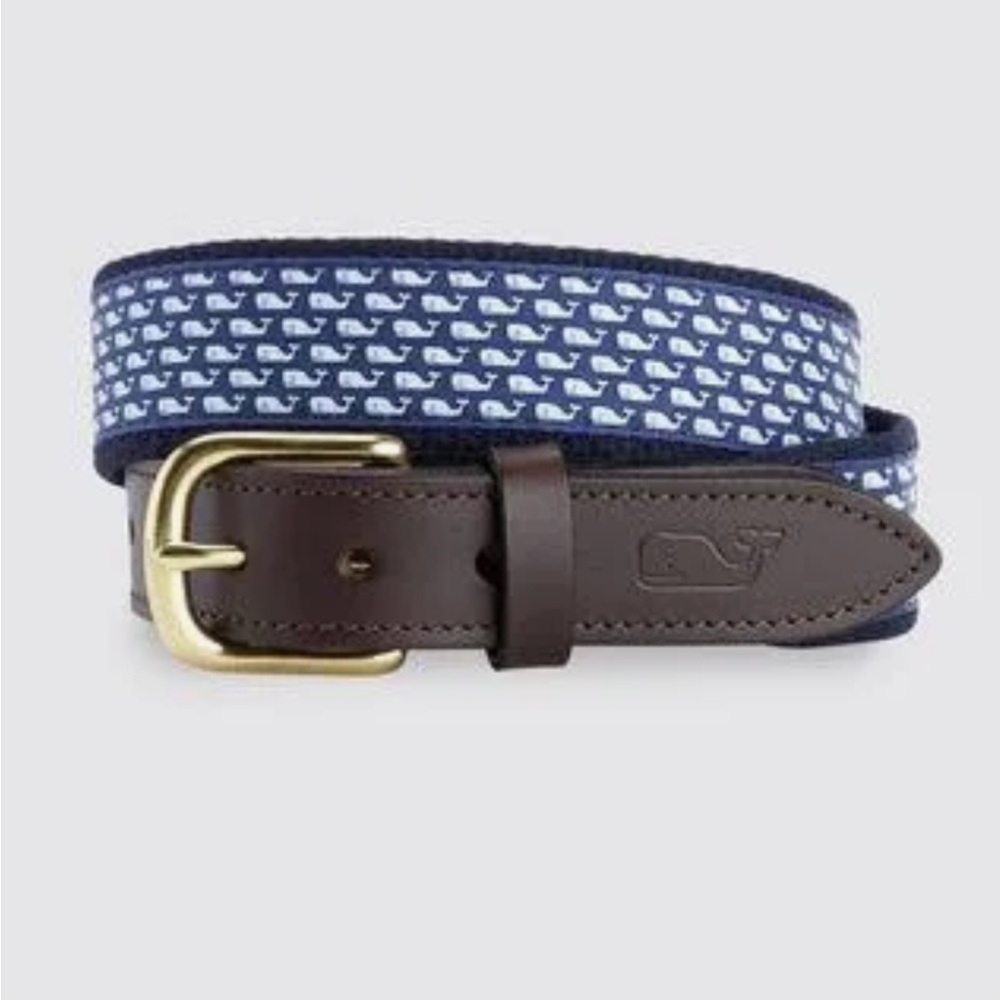 Vineyard Vines Whales Canvas Silk Fabric Leather Belt Like New Size 28